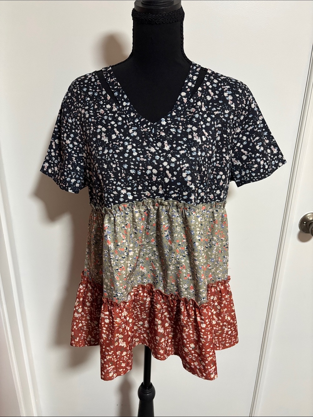 Amazon Floral Tiered V-Neck Tunic - Black, Olive & Rust